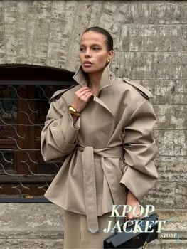 Elegant Lace Up Solid Overcoat Women Chiclapel Collar Button Full Sleeve Loose Coat Autumn Female Street New Oversize Outerwear 3 Elegant Lace Up Solid Overcoat Women Chiclapel Collar Button Full Sleeve Loose Coat Autumn Female Street New Oversize Outerwear 3