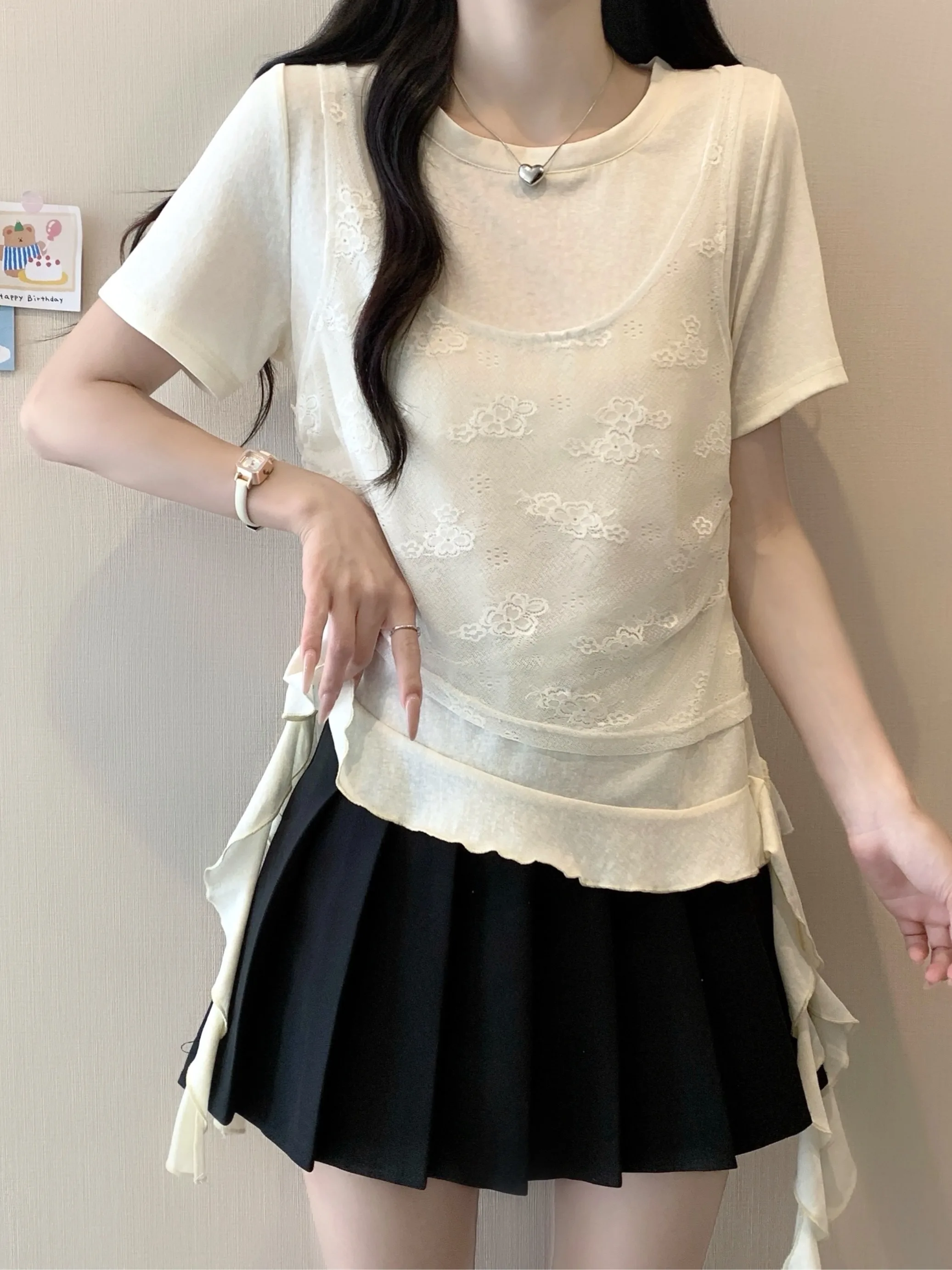 

plus Size Women's Sweet Asymmetrical Splice Short Sleeve T-Shirt Summer New Waist Cinching Lace Trim Top Korean Style Slim Fit