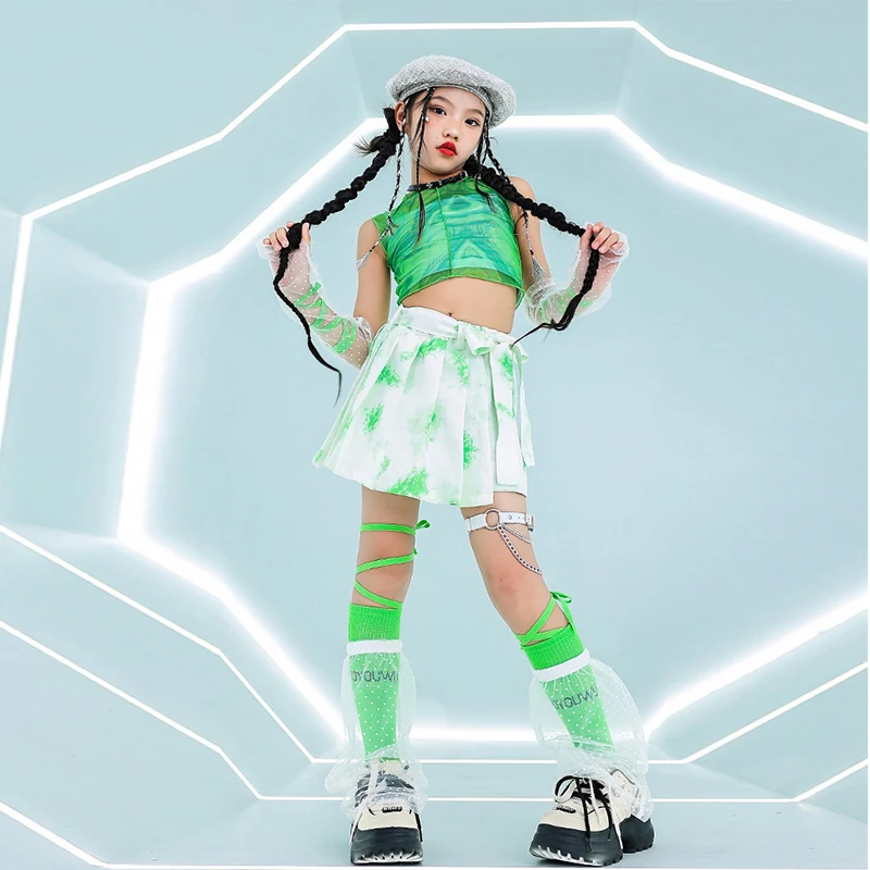 

Kid's Jazz Dance Costume Summer Girl Crop Tops Green Mesh Gauze K-pop Street Dance Performance Set Hip Hop Stage Wear XH632