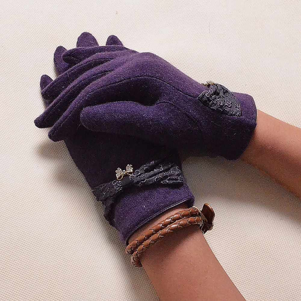 New Fall Winter Wool Solid Gloves Fashion Lace Embroideried And Bow Rhinestones Pendant Elegant Purple Mitten Gloves