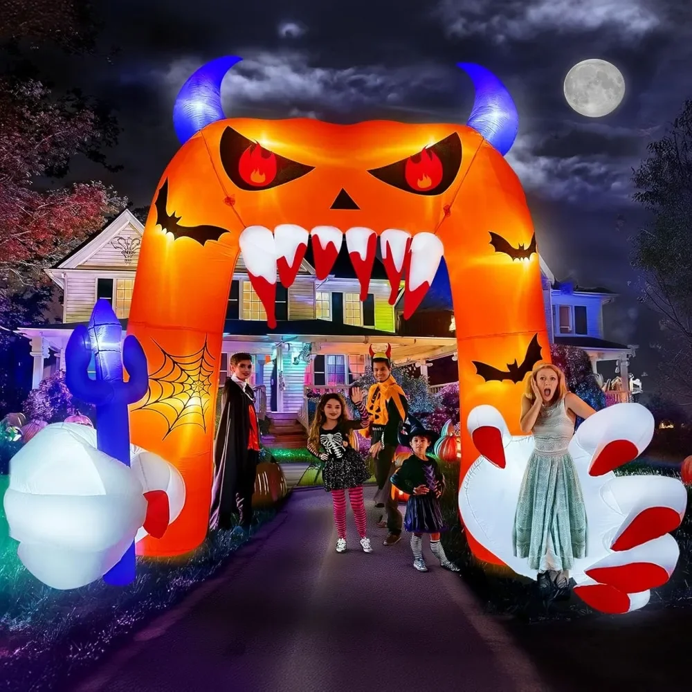 12.5FT Halloween Inflatable Archway, Large Devil Pumpkin Arch Blow Up Halloween Yard Decorations with Built-in Blower & LEDs