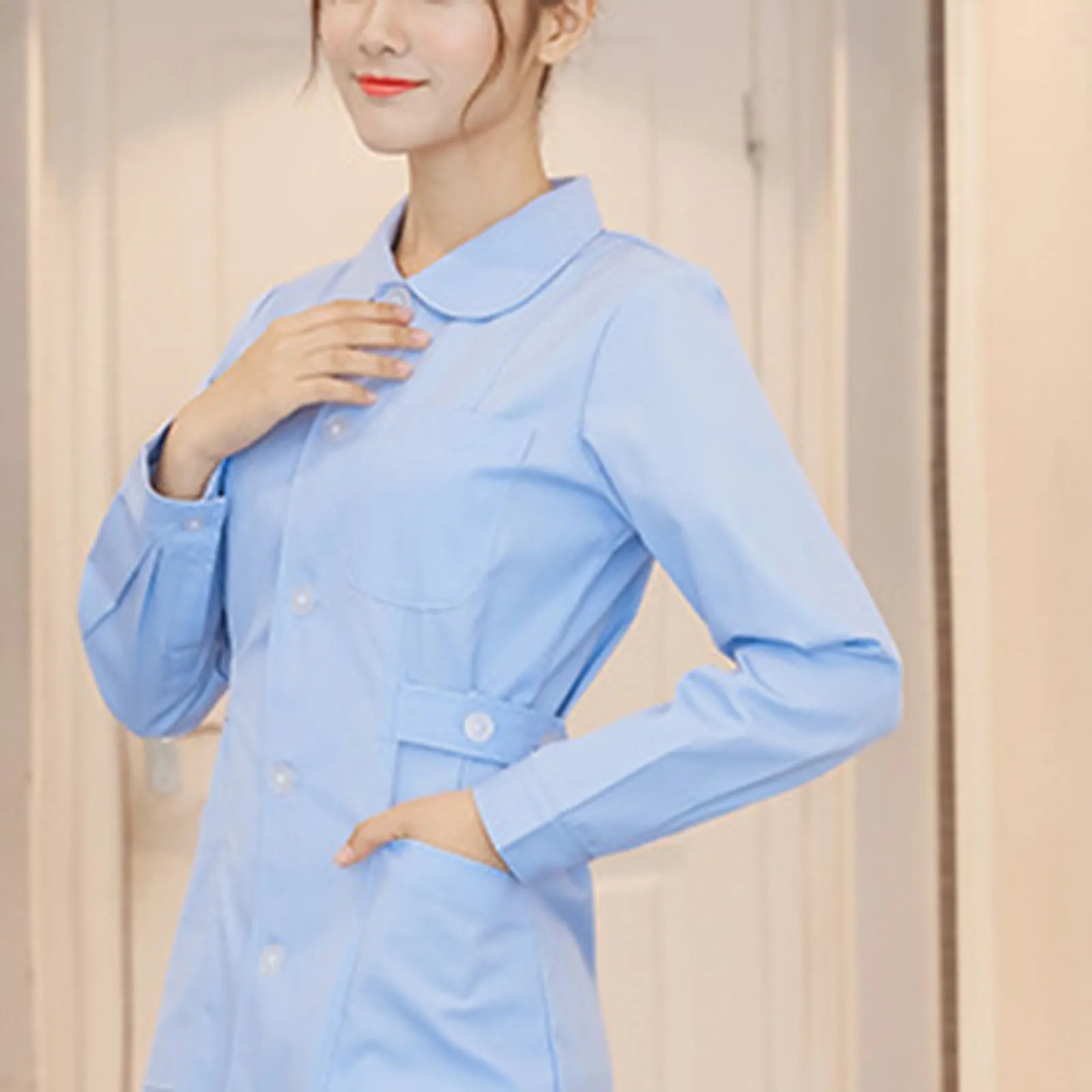 Uniforme de enfermeira de cor sólida, uniforme de trabalho de médico de farmácia hospitalar, manga longa fina, vestido de trabalho com bolsos