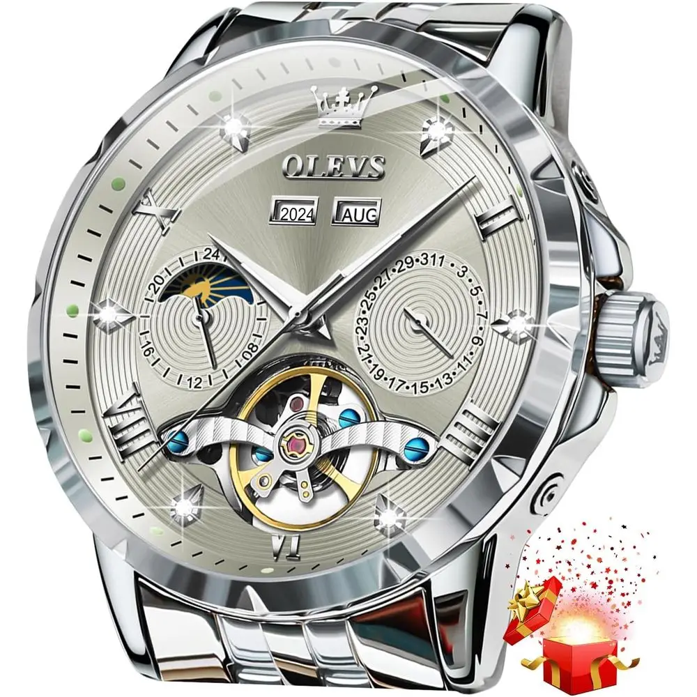 

Мужские автоматические часы OLEVS класса люкс с бриллиантами, с автоподзаводом, скелетонизированные, с турбийоном, из нержавеющей стали, оригинальные часы для мужчин