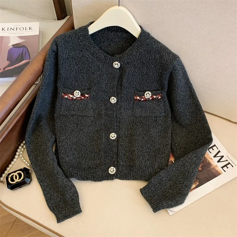 Elegant Sweater Women Knit Cardigan Tops Solid Fashion Vintage Chic Ladies Knitwear Long Sleeve Single-breasted Jumpers 2024