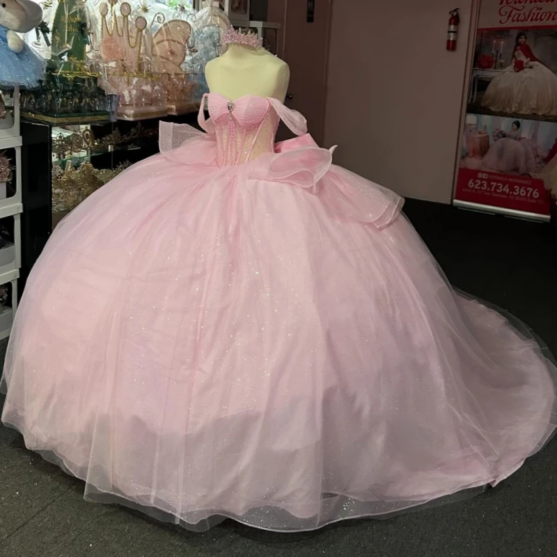 

Pink Shiny Ball Gown Quinceanera Dresses Off The Shoulder Beads Bow Tull Party Birthday Sweet 16 Dress Vestidos De 15 Anos
