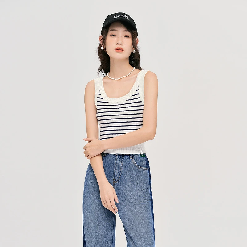 

Toyouth Women Knit Vest 2023 Autumn Sleeveless U Neck Slim Stretch Tank Tops Classic Contrasting Stripes Y2K Fashion Camisole