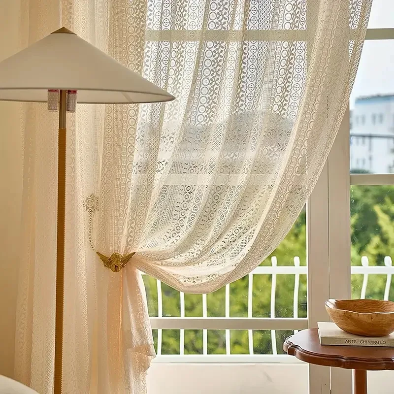 Boho Style Jacquard Warp Knitted Lace Tulle Curtains For Living Room,Beige Vintage Geometric Drapes for the Bedroom Decor