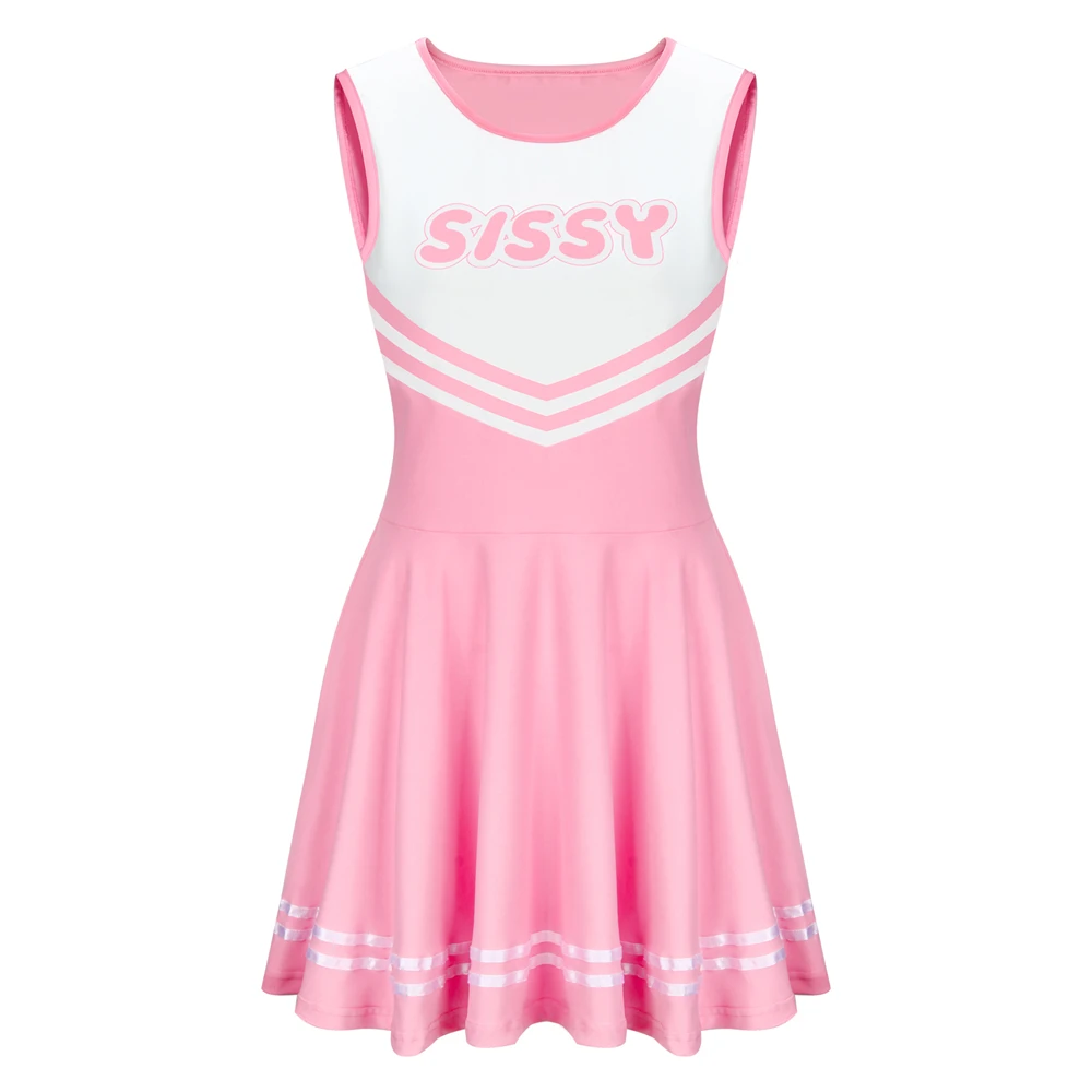 SISSY Cheerleader Uniform Sleeveless Overall Pink White Dress Cheerleading Outfits Party Costume for High School Girls