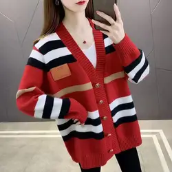 Oversized Knitting Cardigan Ladies Autumn New Women Clothes Loose Sweater Coat Fashionable Striped V-neck Long Sleeve Top Tee