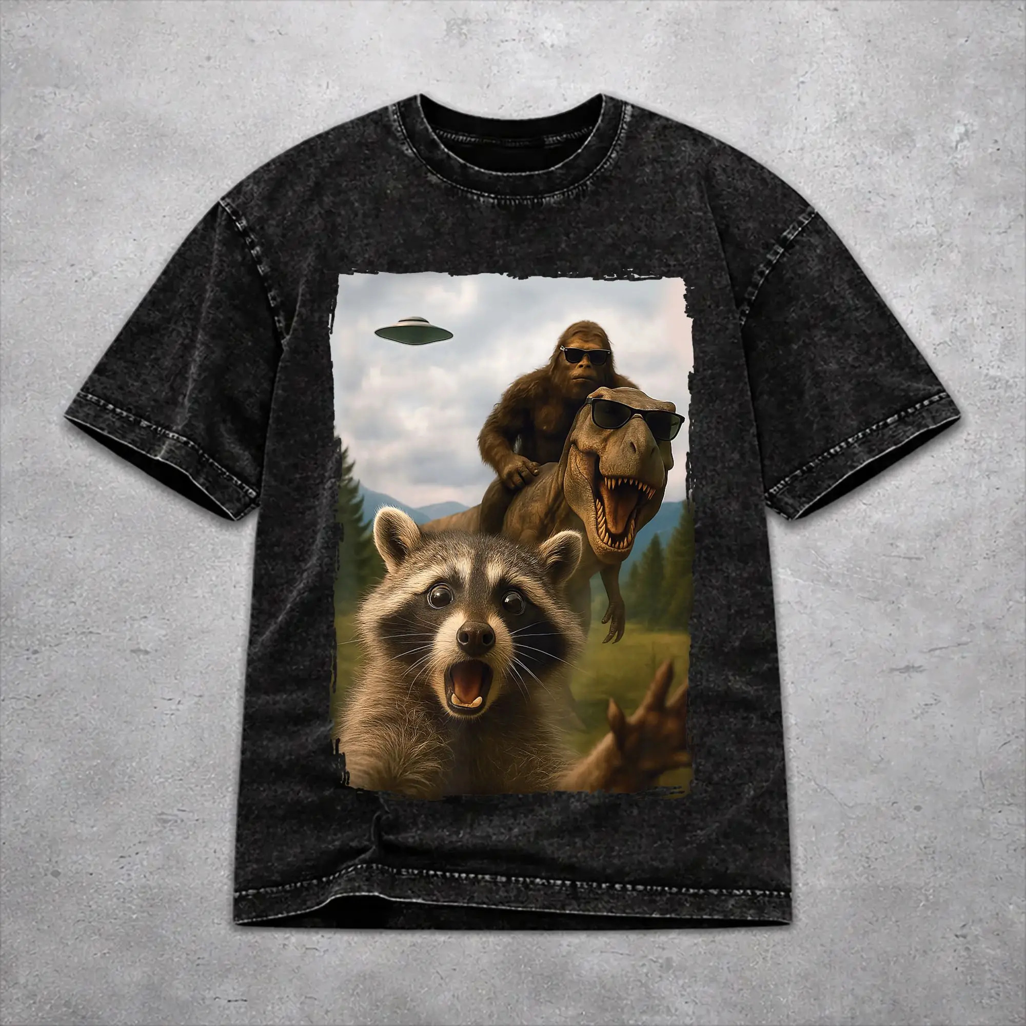 Funny Bigfoot Ride Dinosaur Raccoon T Shirt Vintage Style For Men Women Cotton T-Shirts Tee Tops