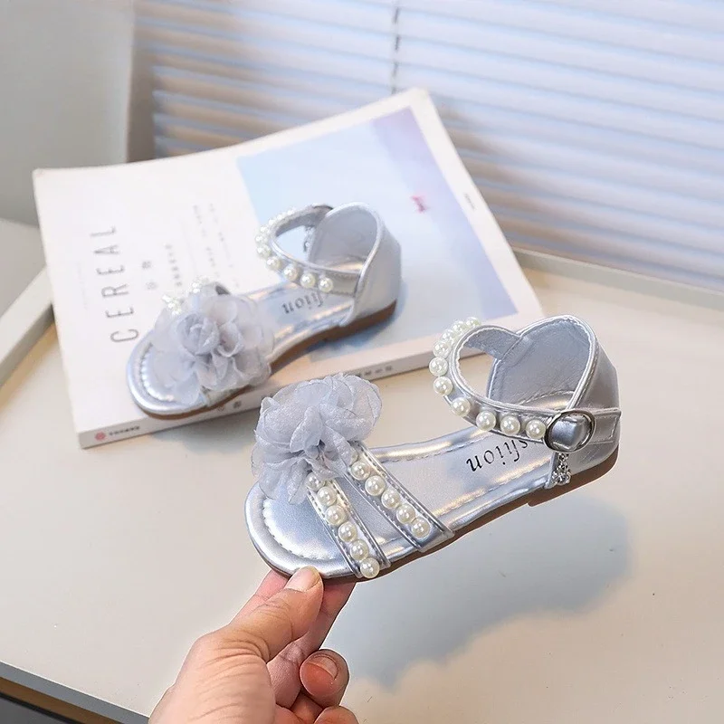 

Children Summer Lace Sandals New Flower Girls' Beaded Open-toe Sandals Princess Fashion Kids Wedding Party Flat Sandals Elegant