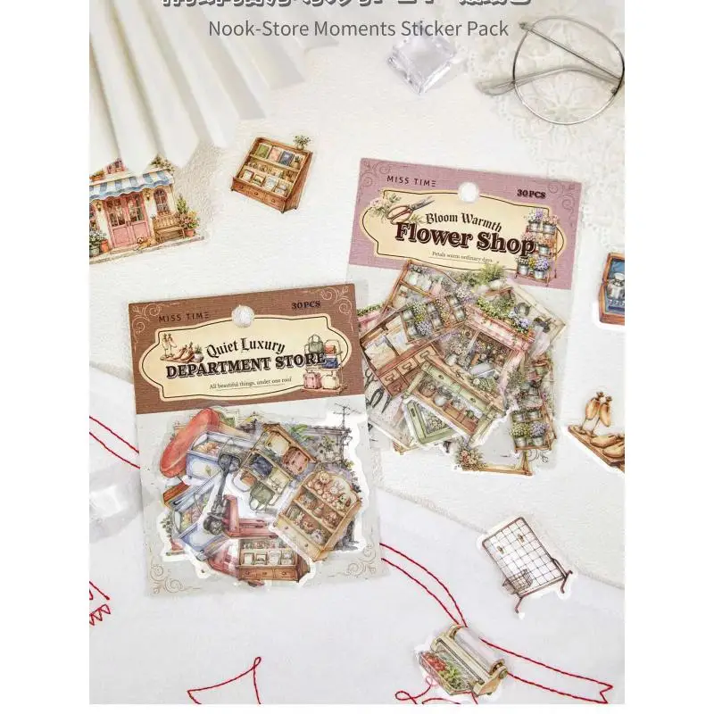 30pcs/set New Stickers American Vintage Store Cafe Series Sticker Book Diy Handmade Scrapbook Aesthetic Stationery