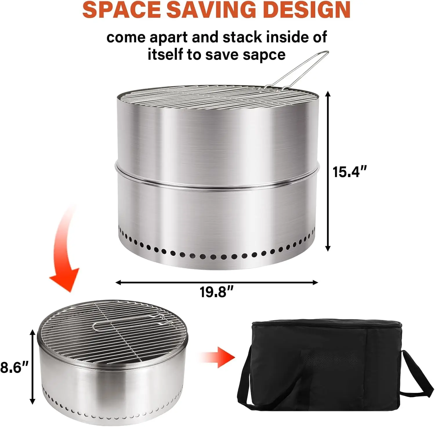 Camping & Backyard, Portable Stainless Steel Smokeless Firepit with Grill, Travel Bag, Easy Setup & Foldable Design