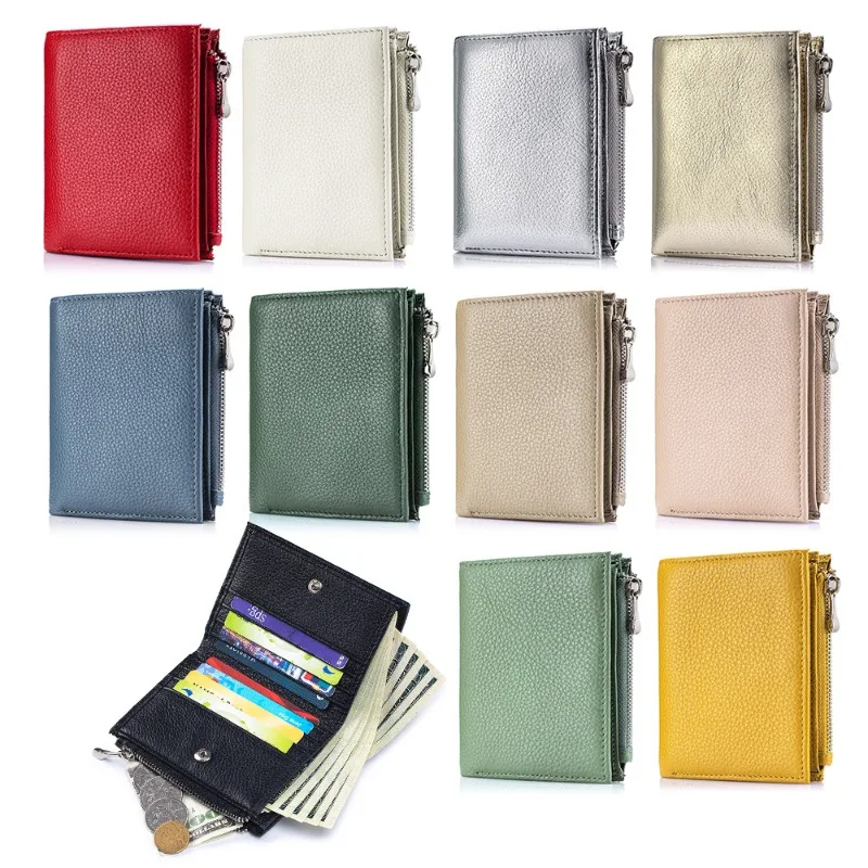 Women Genuine Leather Short Bifold Wallet Multi Card Slots Zipper Coin Pocket Compact Purse Cash Bill Holder Ladies Solid Purse