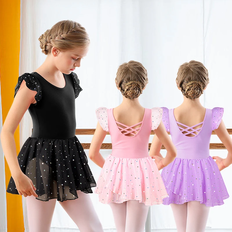 Collant de balé para meninas, vestido de balé com manga esvoaçante, oco, costas cruzadas, saia de dança brilhante para crianças