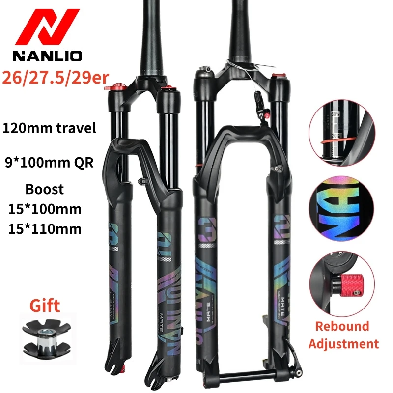 

NANLIO Bicycle Air Fork 26/27.5/29 Inch Mountain Bike Suspension Fork 120mm Travel Straight/Tapered QR 9*100 Boost 15*100/110mm