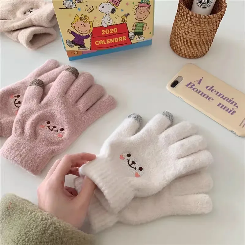 Gants tricotés en laine pour femmes, gants en coton doux, dessin animé mignon, ours souriant brodé, écran tactile, Kawaii, chaud, femme, automne,