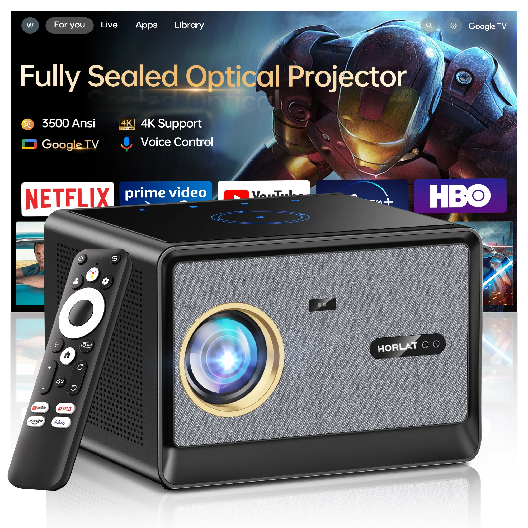 

HORLAT NEW 50000Lumens Fully Sealed Projector Google TV Auto Focus 4K UHD Smart Home Theater Movie Projector WiFi6 Game Mode
