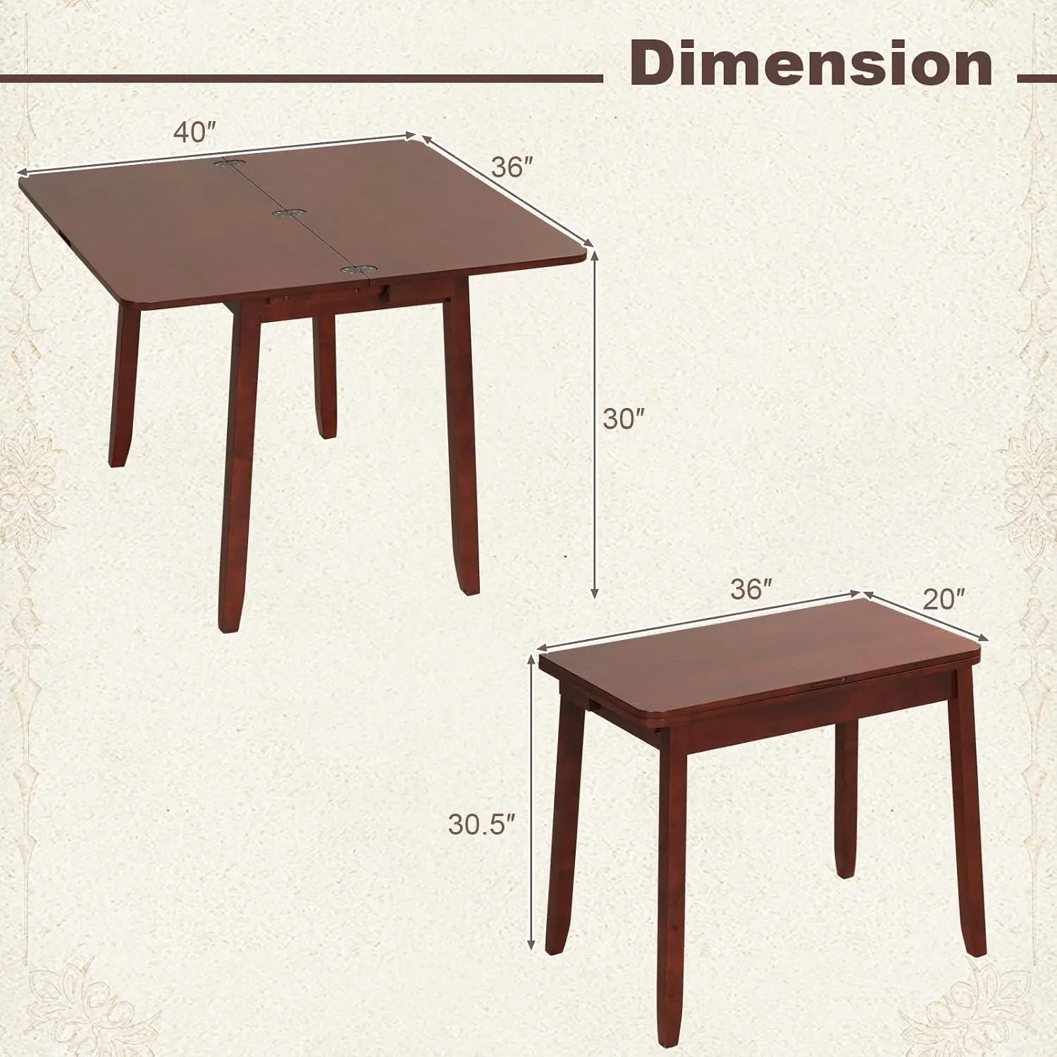 Extendable Dining Table for 4, Folding Kitchen Table with Storage Compartment & Rubber Wood Legs, Space-Saving Dinner Table for