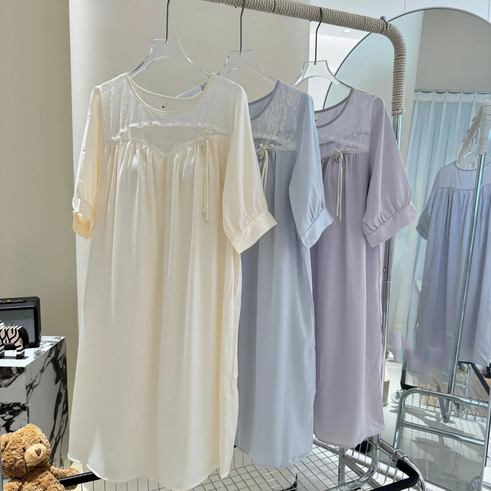 

Ice Silk O-Neck Nightgown Home Dressing Gown Sweet Short Sleeve Nightdress Sleepwear Lingerie Loungewear