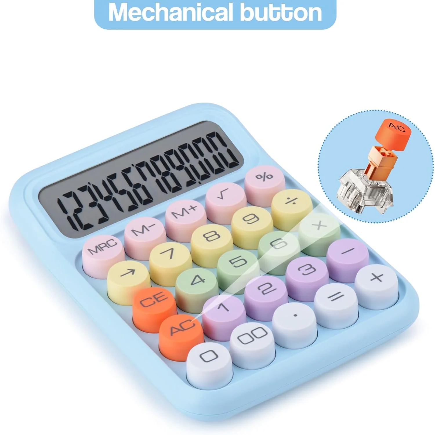 Mechanical Pushbutton Calculator,12 Digit Large LCD Display,Big Buttons Easy to Press, Candy Calculator,Automatic Sleep,with Bat