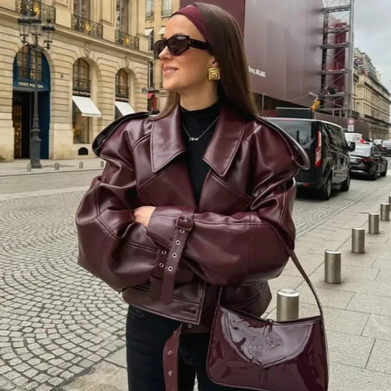 Women's Faux Leather Short Fashion Jacket Lapel Belted Longsleeve Zippered Retro Slimfit CoatEco-friendly Streetstyle Bomber Top