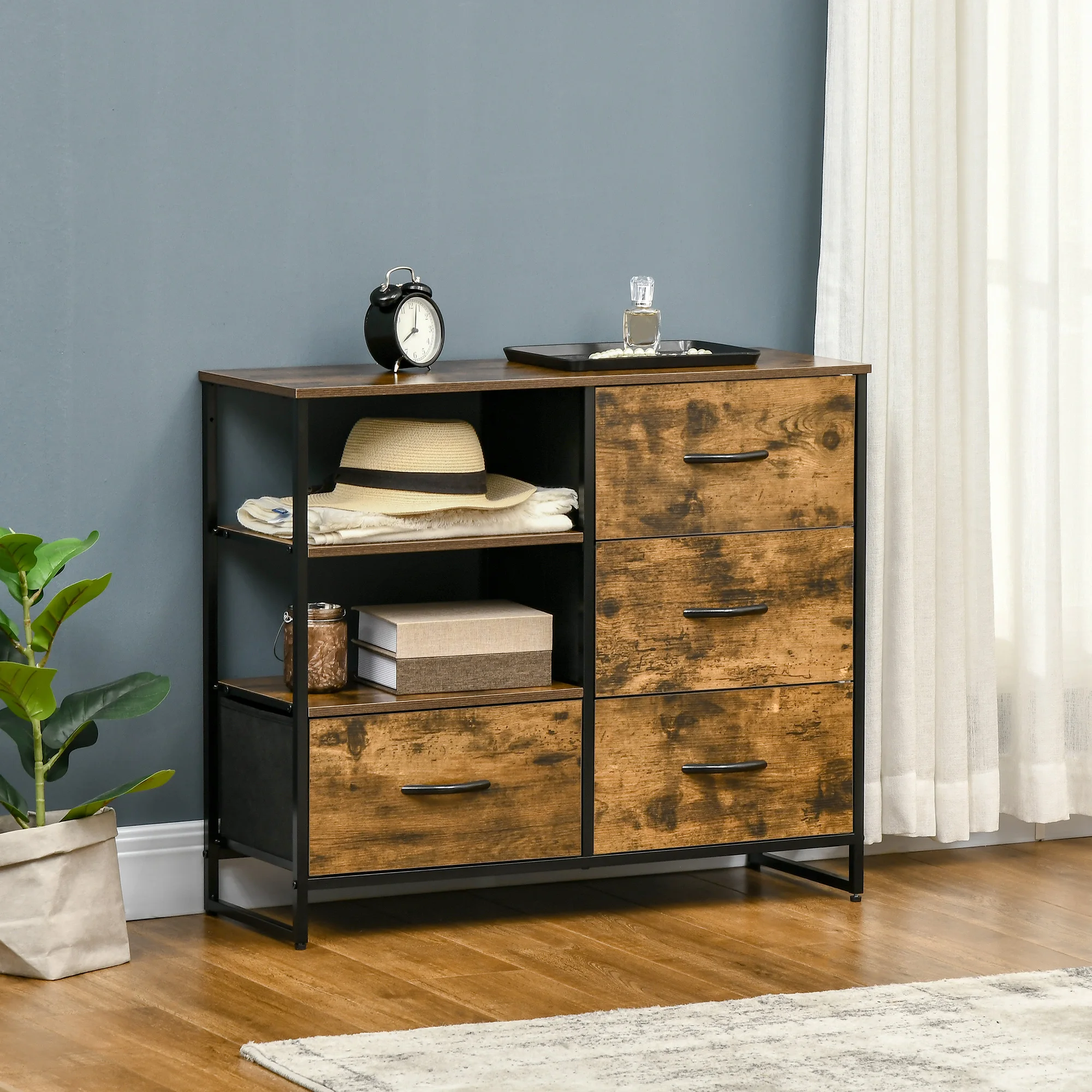 HOMCOM Cómoda Cajonera con 4 Cajones de Tela Plegable 2 Estantes 84x30x71,5 cm