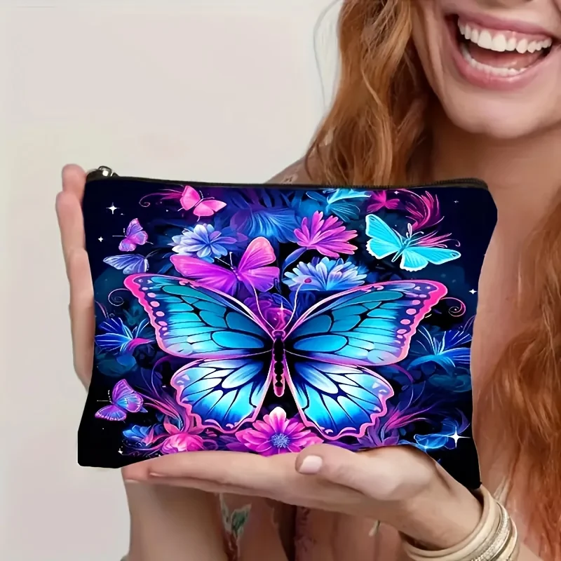 1pc Butterfly And Flower Pattern Linen Makeup Bag Ladies Travel Cosmetic Pouch Zipper Light Multi-function Toiletry Bags