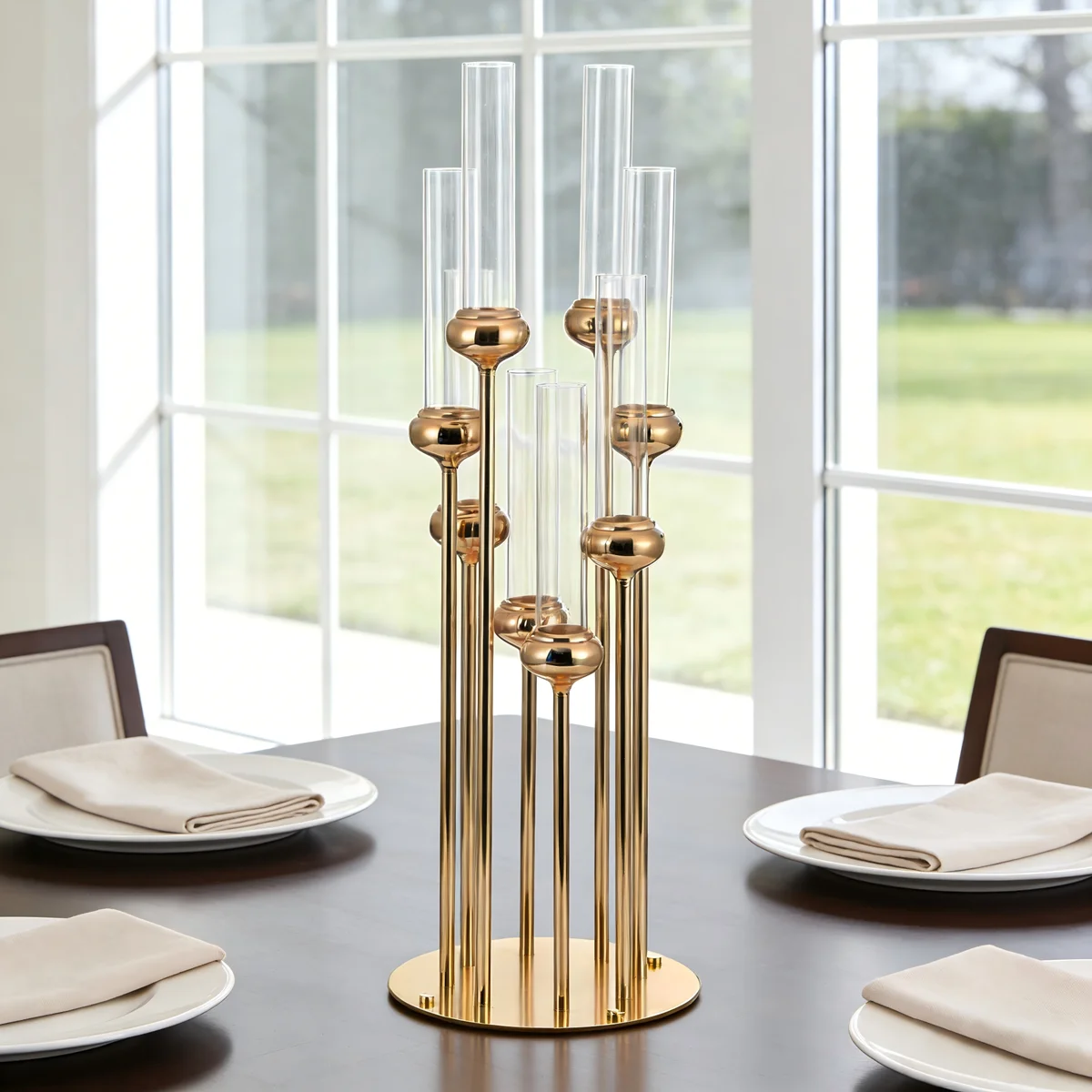 91 cm hoher Kerzenständer aus goldfarbenem Metall mit 8 Armen, ideal für Hochzeiten im Freien, Geburtstagsfeiern, Verabredungen, Einweihungsfeiern und als Heimdekoration. – Detail 1