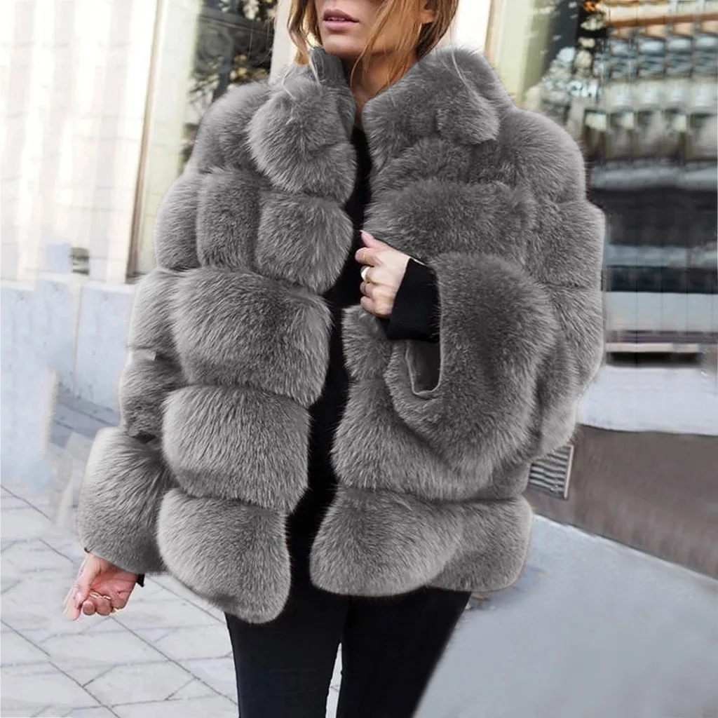 Women Fox Faux Fur Black Coats Stand Collar Single Breasted Jackets Warm Thick Coat Full Sleeve Open Stitch 2024 Autumn Winter