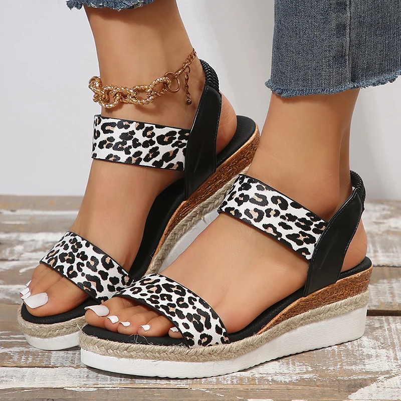 Leopard Print Wedge Heel Sandals Women Summer Light Non Slip Gladiator Sandalias Woman Plus Size Fashion Platform Sandles Mujer