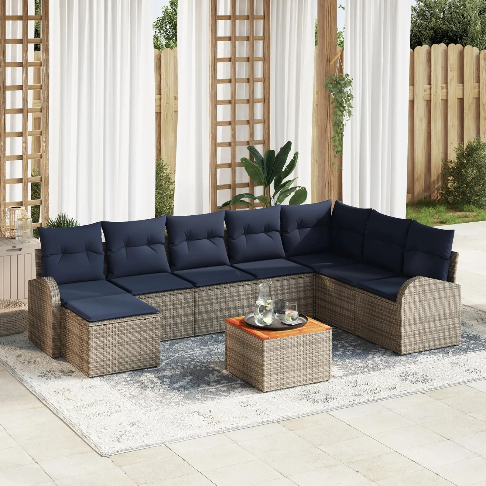 

9 Piece Outdoor Garden Sofa Set with Cushions Grey Poly Rattan Acacia Furniture