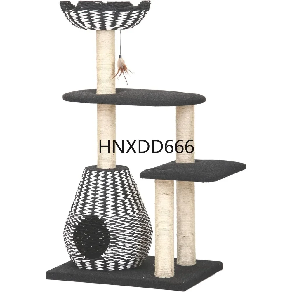 4-Level Multi-Activity Cat Tree with Felt Perches,Handwoven Recycled Paper Rope Condo,Sisal Scratching Posts,Feather Teaser Toy