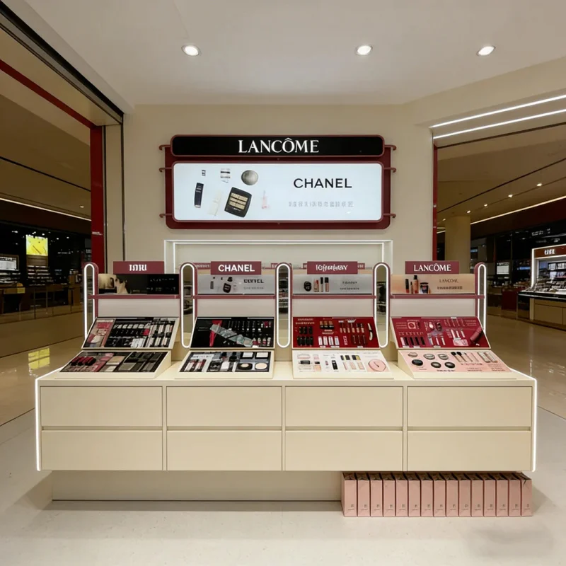 

custom.White Matte Cabinet with Embedded LED Light Strip, Makeup Shop Interior Cosmetics Wooden Display Stand
