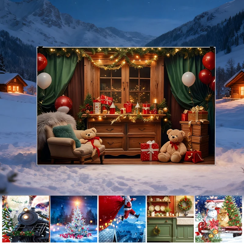 

2025 Christmas Backdrop Winter Window Xmas Tree Snowy Night Teddy Bear Canvas Background for Child Baby Photo Studio Decor
