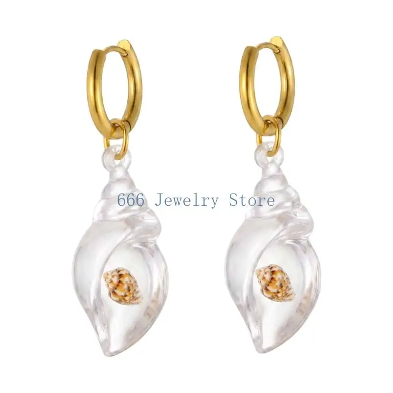F2TD Resin Shell Drop Earrings with Ocean Inspired Statement Accessory for Vacation Styling and Parties