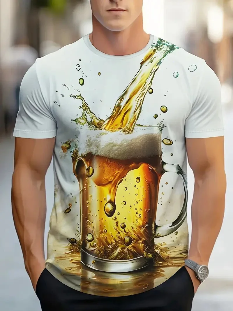 Fashion Men's 3D Beer Mug Splash Print T-Shirt 3D Realistic Crew Neck Short Sleeve Summer Casual Streetwear Breathable Tops