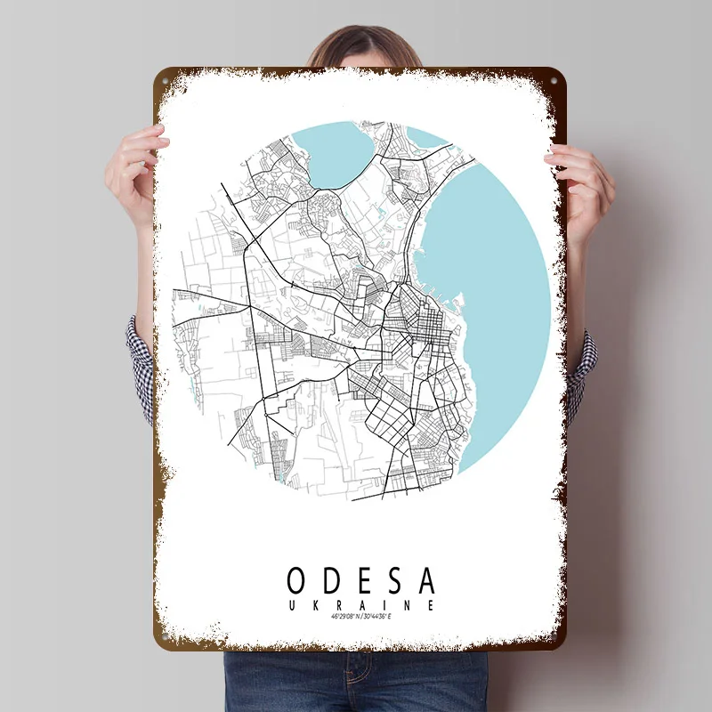 Odesa City Map Ukraine Circle Tinplate Poster Custom Wall Art Vintage Metal Signs Retro Tin Plaque for Bedroom Decorations House