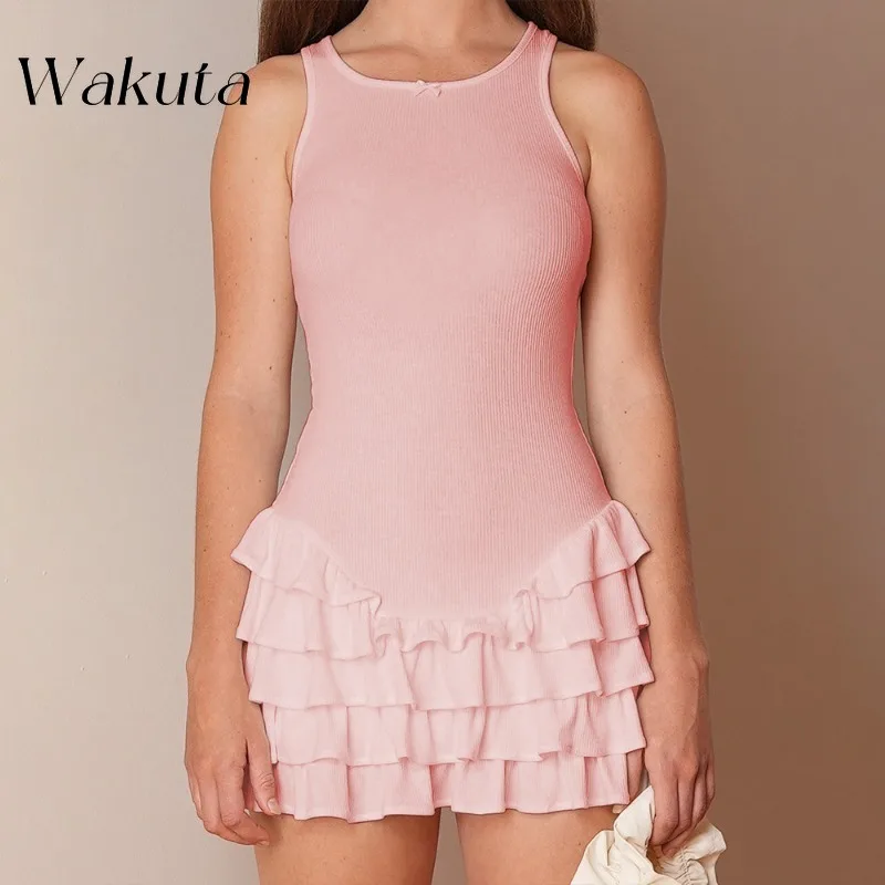 WAKUTA Autumn Fashion U-neck Sleeveless Stacked Ruffle Short Robe Sexy Casual Loose American Spicy Girl Dresses Spring Summer