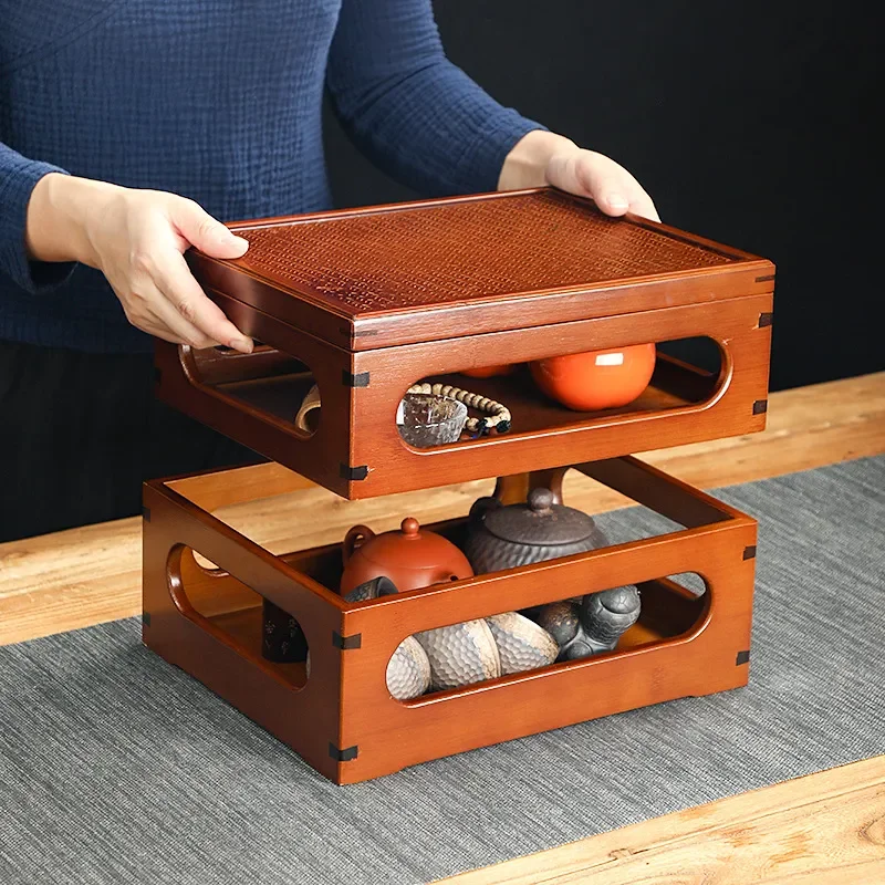 Retro Bamboo Woven Tea Set Storage Box Multi Layer Organizer Rack Chinese Style Display Shelf for Teapot Cup Cabinet Home