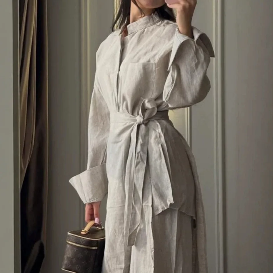 New Linen Shirt Apron Long Pants 3 Piece Set Women NTZ9008