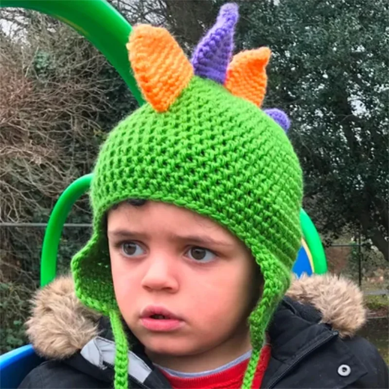 Cartoon creative Dinosaur style pattern children hat Winter Cap Handmade Knitted soft Warm Ear Protection for Kids Boys Girl hat