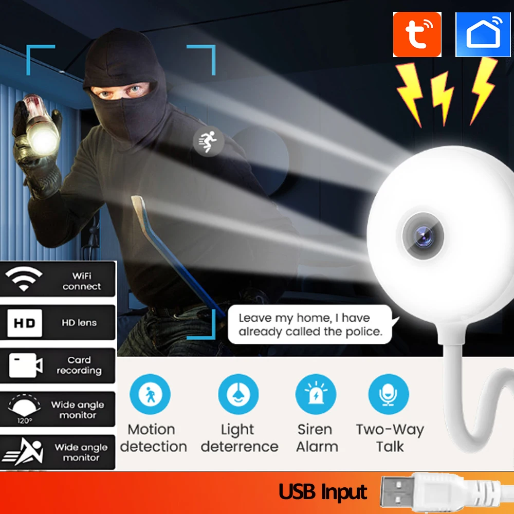 

Мини-камера TUYA, защита дома, прожектор, видеоняня, обнаружение движения, двусторонняя аудиокамера для няни, монитор для домашних животных