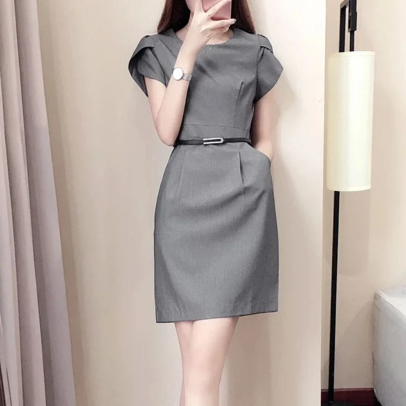 

Summer New Office Lady Elegant Fashion Bodycon Dress Women Temperament Solid Color Robe Femme Short Sleeve Slim Vocation Vestido