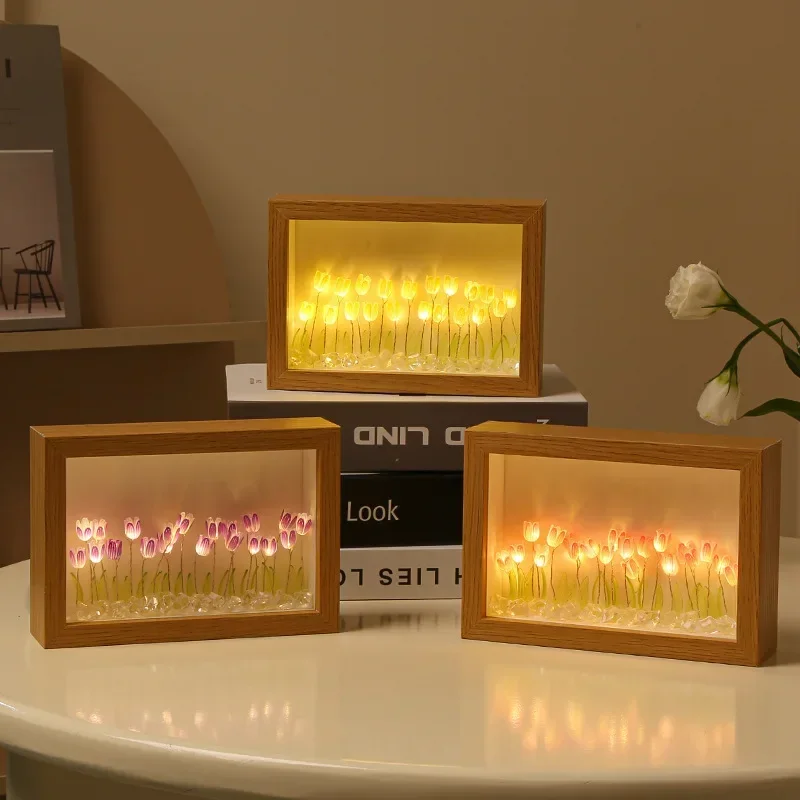 DIY Wooden Photo Frame Tulip Flower Sea Home Decoration Ornaments Atmosphere Lights Valentine's Mother's Birthday Gifts