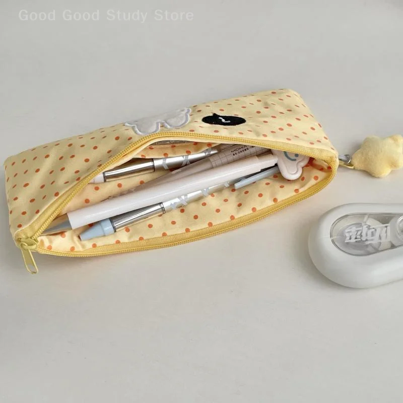1Pc Cute Milk Yellow Polka Dot Rabbit Pencil Case Mesh Multilayer Pen Bag Large Capacity Stationery Bag For School