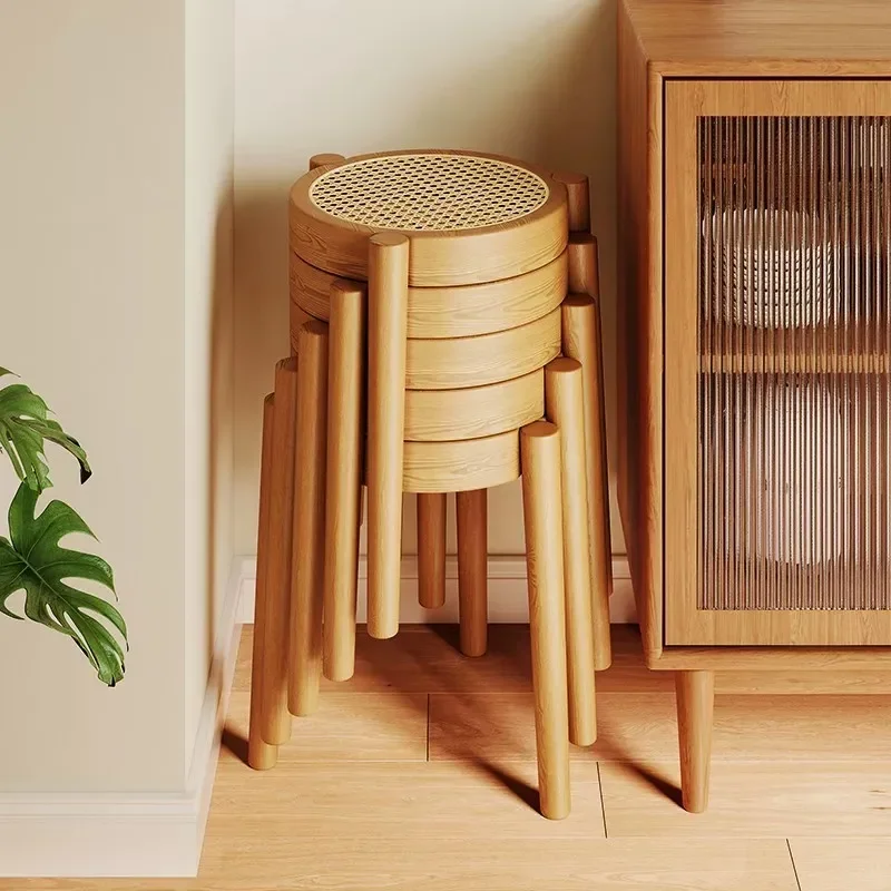 Nordic Solid Wood Stool Modern Simple Woven Rattan Chair Thickened Square Dressing Stool Household Dining Table Living Room