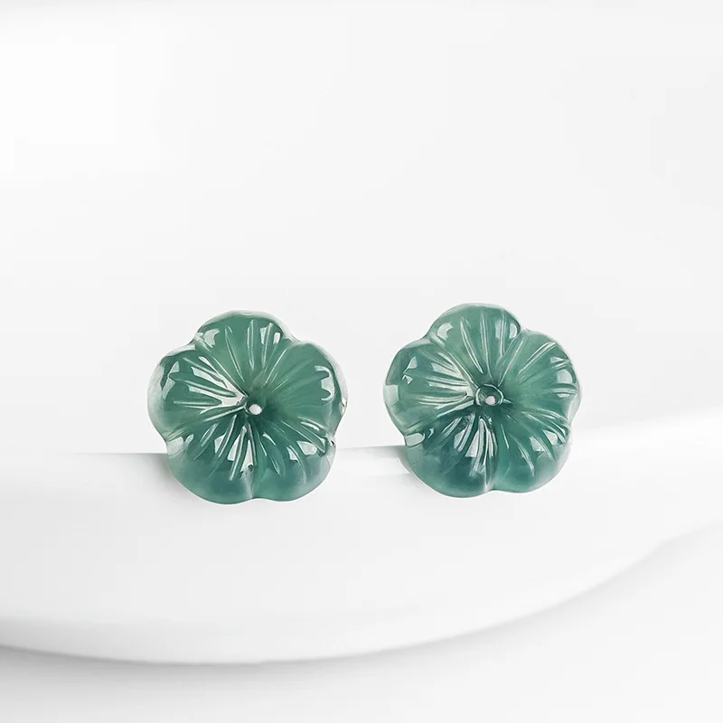 Natural A-grade Burma Jade Blue Plum Blossom Earrings Ice Jadeite Petals S925 Silver Inlaid Ancient Style Women's Gift Jewelry