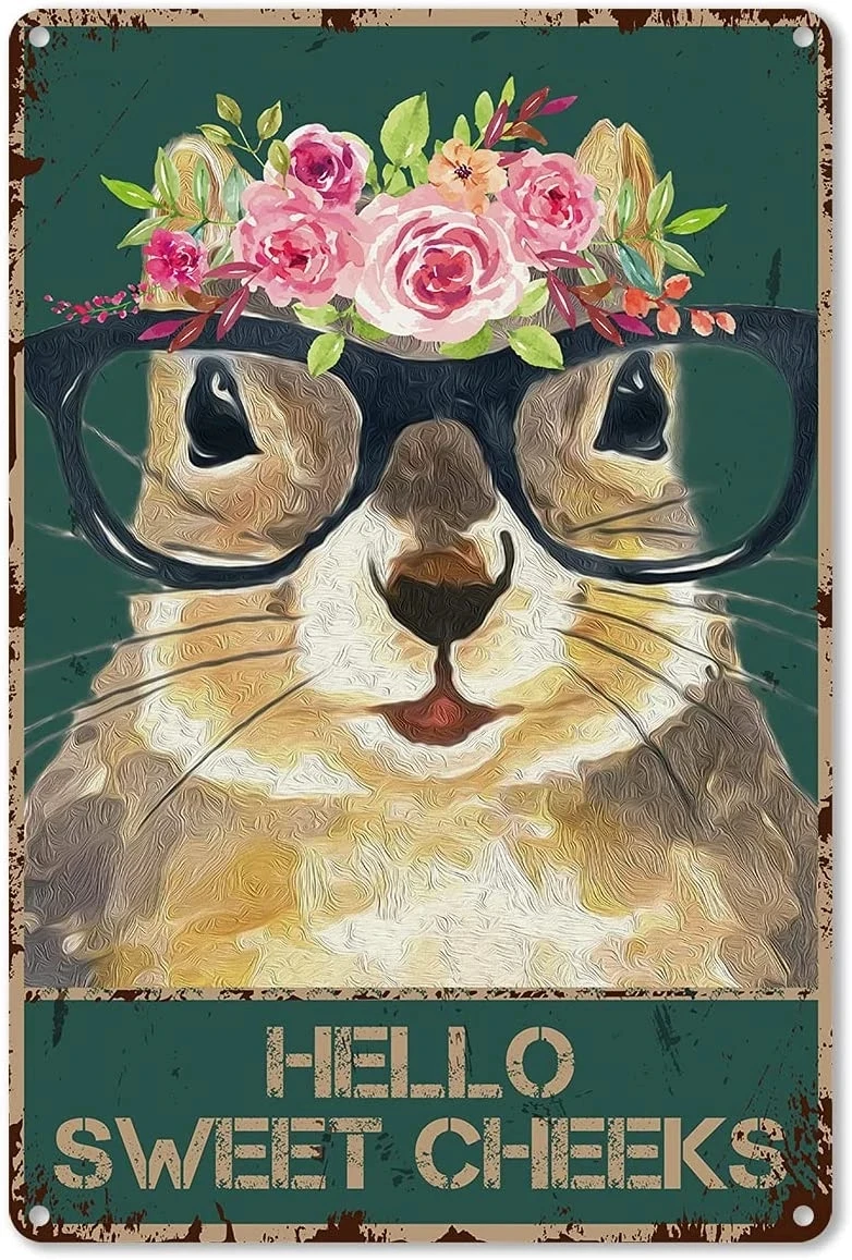 Hello Sweet Cheeks Metal Sign  Vintage Flower Dressed Animal Groundhog Foral Tin Sign for Toilet Bathroom Decor 20x30cm Pos sign