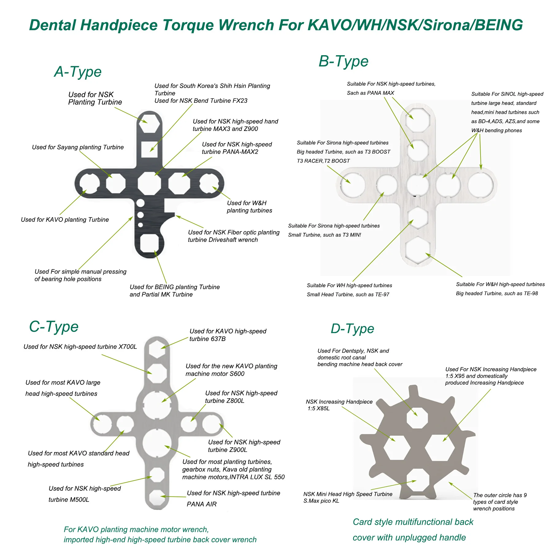 

For Kavo/W&H/NSK/SIRONA/BEING/SINOL Dental High speed Turbine Remove Back Cover Wrench Torque Head Button Repair Tools